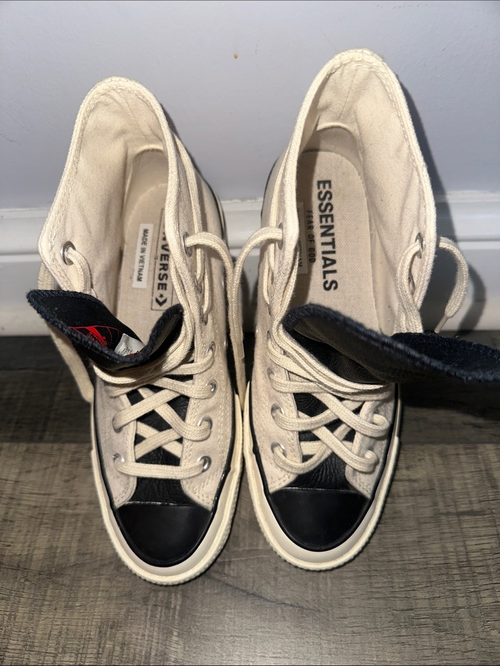 ESSENTIALS x Converse Two-Tone High Top Sneakers in Cream and Black